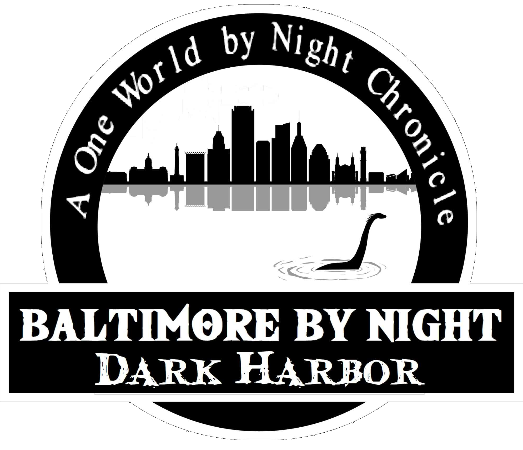 Baltimore by Night: Dark Harbor Logo, a Baltimore city skyline seen from the harbor with Chessie swimming in the harbor.